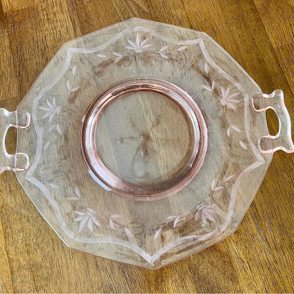 Vintage Pink Glass Double Handle Serving Plate